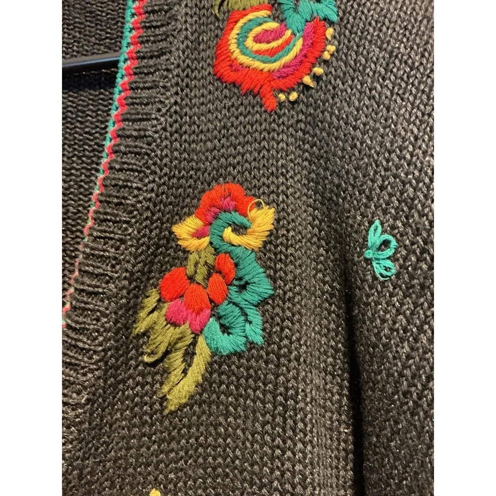 Herman Geist Vintage Cardigan Sweater Hand Embroidered Black Floral Women's Sz L